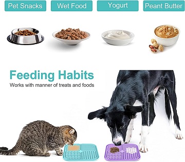 Afbeelding van een likmat met een hond en kat en eten